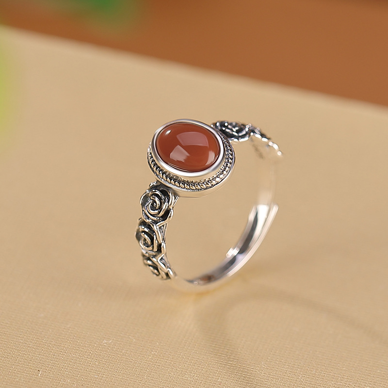Nhẫn bạc S925 đính đá jasper đỏ cổ điển họa tiết hoa hồng mặt trứng — Mẫu đỏ nam