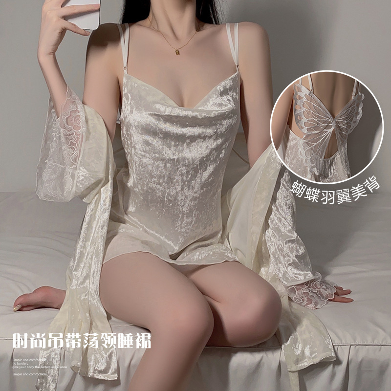瑰若甜美蝴蝶露背睡衣纯欲惹火深V荡领丝绒睡裙外袍家居套装4887|undefined