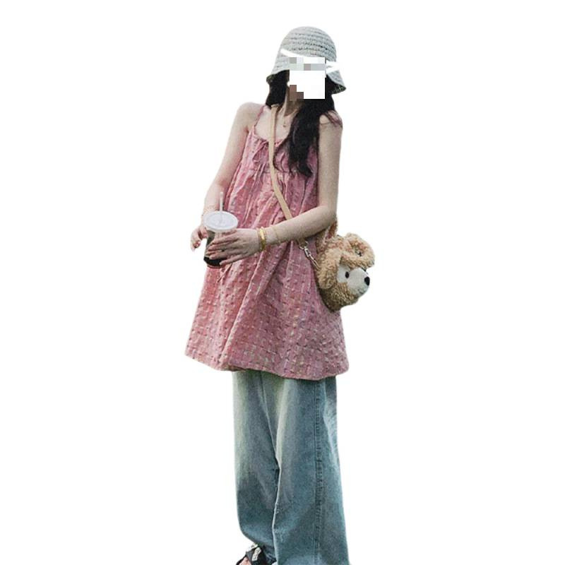 夏日多巴胺彩虹格纹系带连衣裙子女2025春夏新款海边度假风吊带裙|undefined