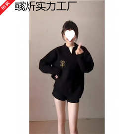 美式街头毛衣女秋季翻领假两件宽松显瘦针织衫黑色软糯上衣高级感