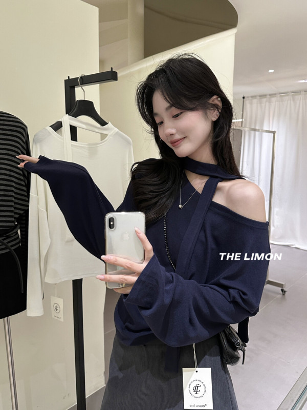 the limon柠檬绿茶2025秋季设计感飘带条纹百搭显瘦打底长袖T恤女|undefined