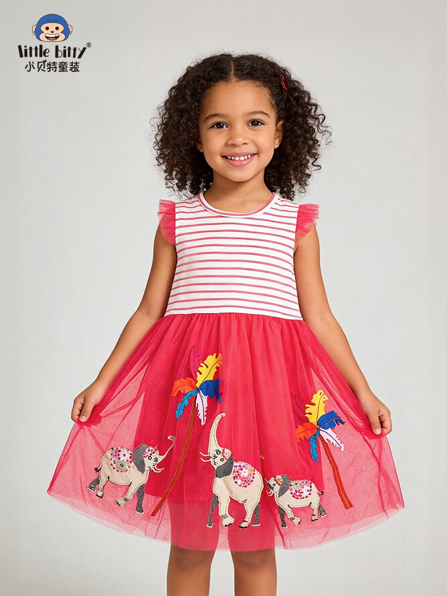 Cross-Border Children's Clothing 26 Years Spring/Summer Children's Sleeveless Mesh Dress Cartoon Elephant Striped Round Neck Print in Stock
