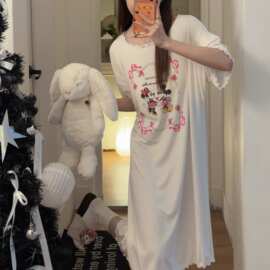 莫代尔卡通印花睡裙女夏季 木耳边宽松短袖中长款睡裙