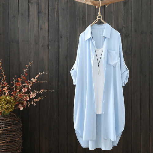 Cross-border summer long-length long-sleeved solid color women's literary loose front short back long sun protection coat open jacket thin outerwear