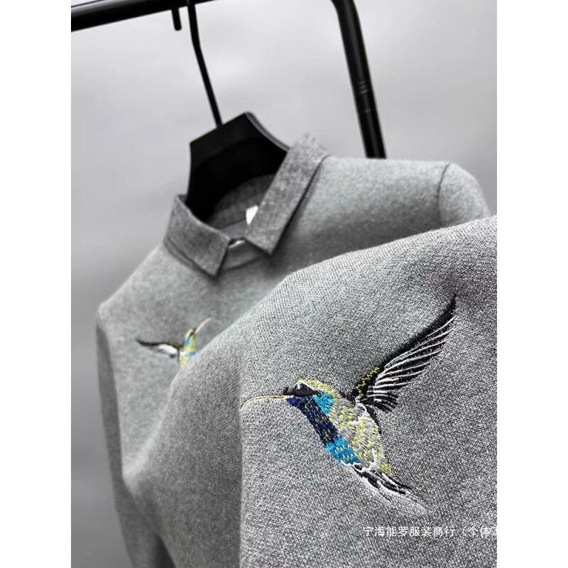 Light Luxury New Embroidered Outerwear Fake Two-Piece Sweater for Men, Autumn and Winter Fleece Thickened Knitwear, Warm Cotton Top