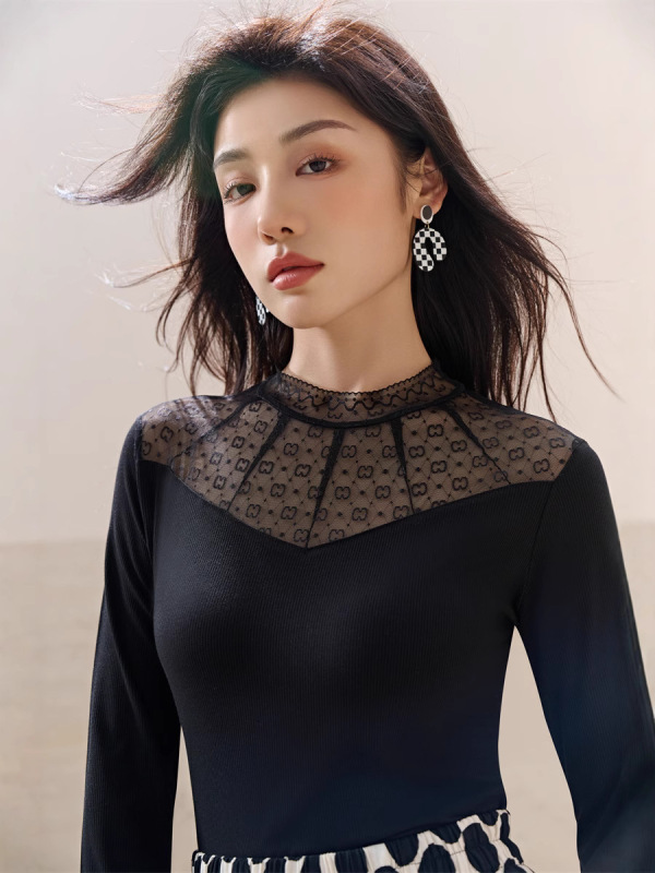 蕾丝打底衫女洋气内搭2025秋冬新款小衫网纱拼接高级感上衣小众|undefined