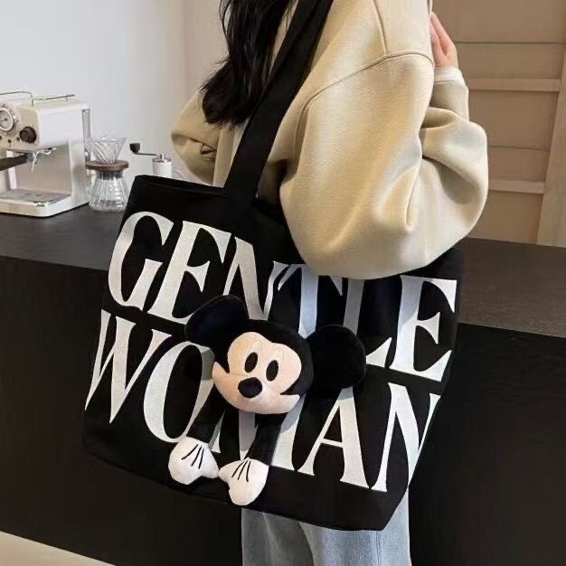 Canvas Bag for Women 2025 New Cartoon Mickey Large Capacity Tote Bag for College Students Commuting Shoulder Bag for Women