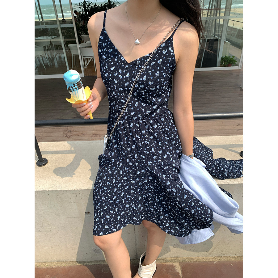 Huang Zheng 한국 여름 민소매 꽃무늬 쉬폰 서스펜더 드레스 패션 프린트 홀리데이 비치 드레스 520583