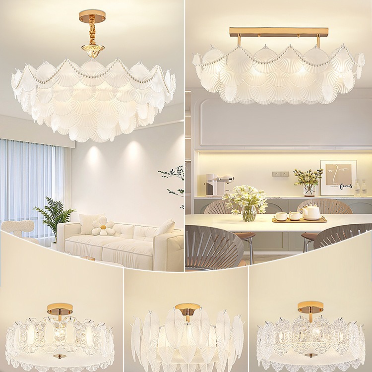 奶油风珍珠贝壳羽毛水晶吊灯客厅主灯法式温馨浪漫卧室高级感灯具
