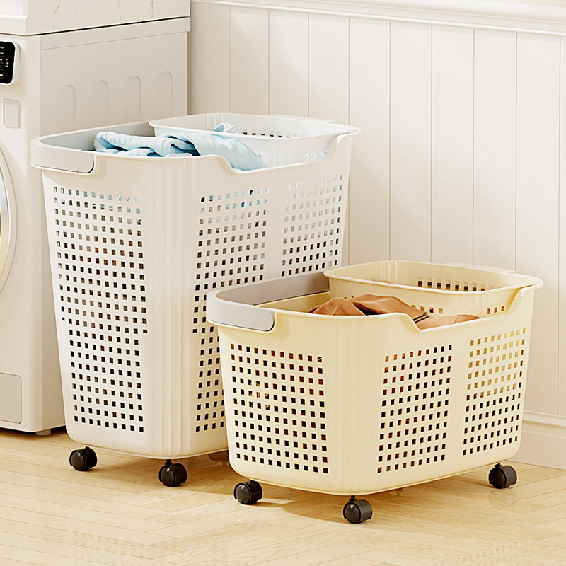 Portable storage basket with wheels, large-capacity plastic thickened breathable dirty laundry basket for home bathroom, clothes storage