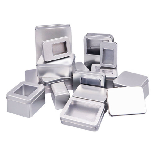 Silver round square brushed matte window flip-top metal tin box child lock packaging tin metal box