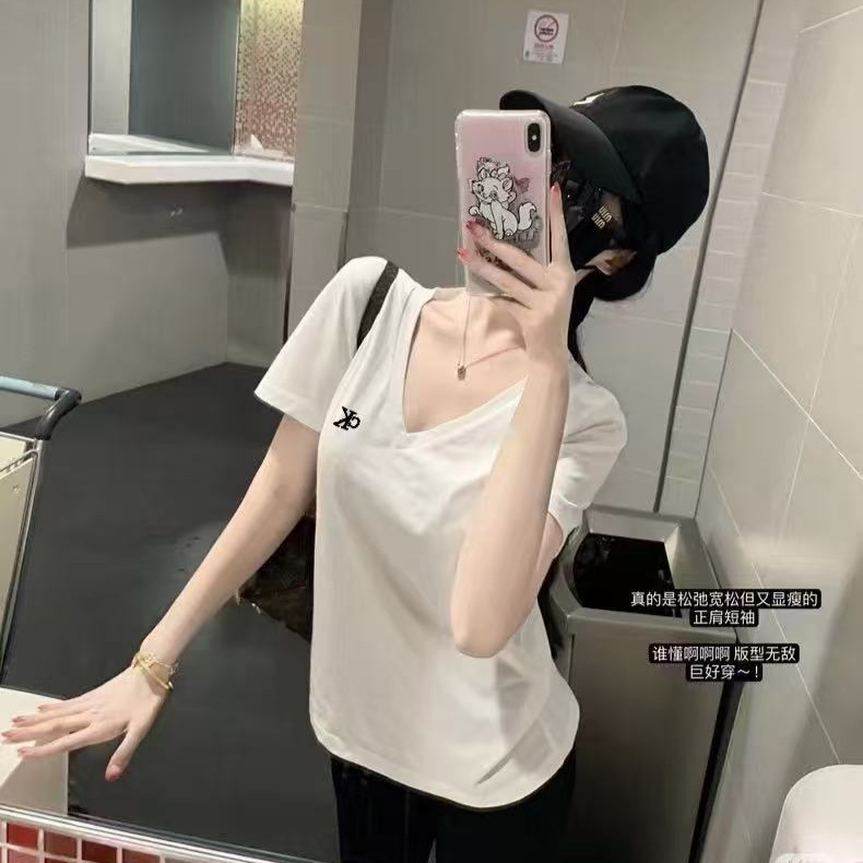 Cross-Border Ck Summer New Classic Letter Embroidery Small Logo V-Neck Exposed Collarbone Slim Fit Pure Cotton T-Shirt Short Sleeve