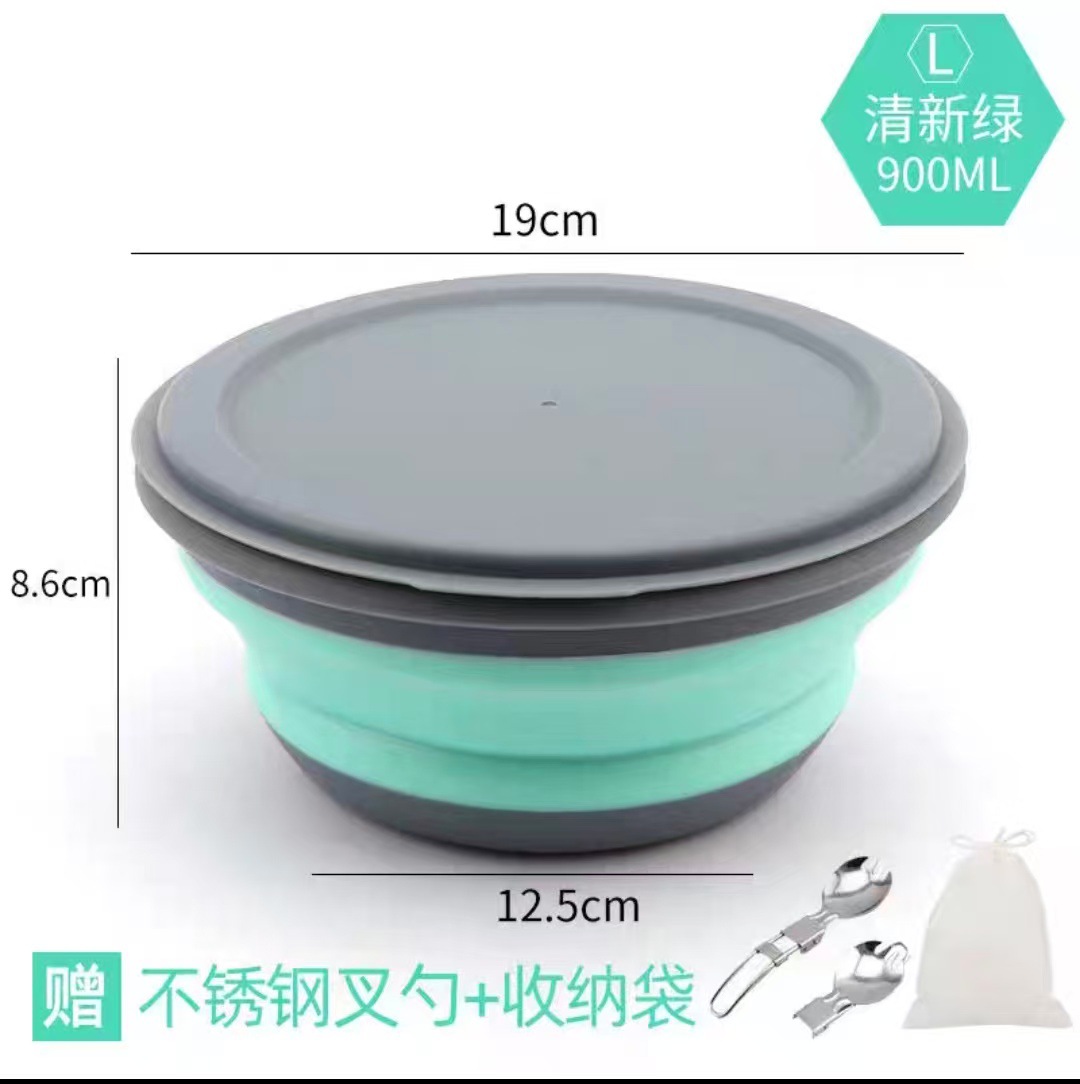 Bol grande verde + tenedor de acero inoxidable + bolsa de almacenamiento
