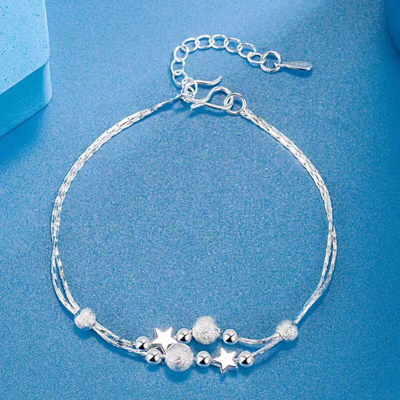 Fashionable Double-Layered Five-Pointed Star Bracelet Jewelry, Simple and Sweet Friendship Bracelet with Small Fresh Style, Plated with 925 Silver Fashionable Double-Layered Five-Pointed Star Bracelet Jewelry, Simple and Sweet Friendship Bracelet with Small Fresh Style, Plated with 925 Silver