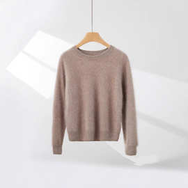 慵懒拉绒圆领针织上衣100％纯羊绒2025新款秋冬加厚打底宽松毛衣