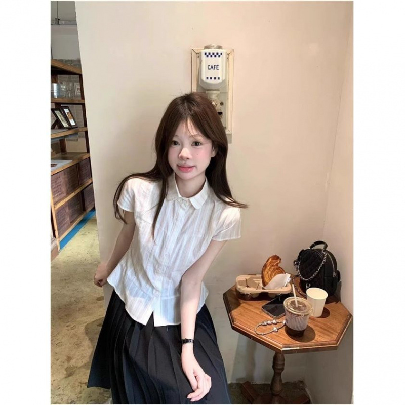스트라이프 셔츠+블랙 플리츠 스커트 [투피스세트]