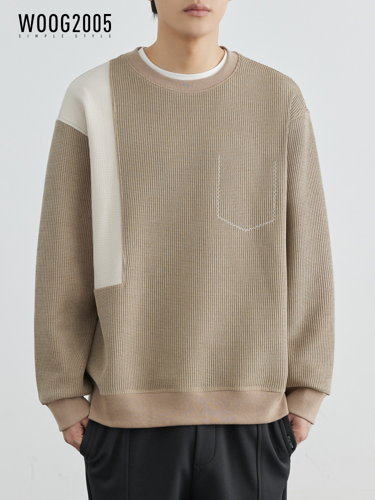 Velvet and Thickeneded High-End Spliced Round Neck Men's Sweatshirt 2025 Spring and Autum New Slightly Loose Pullover Top