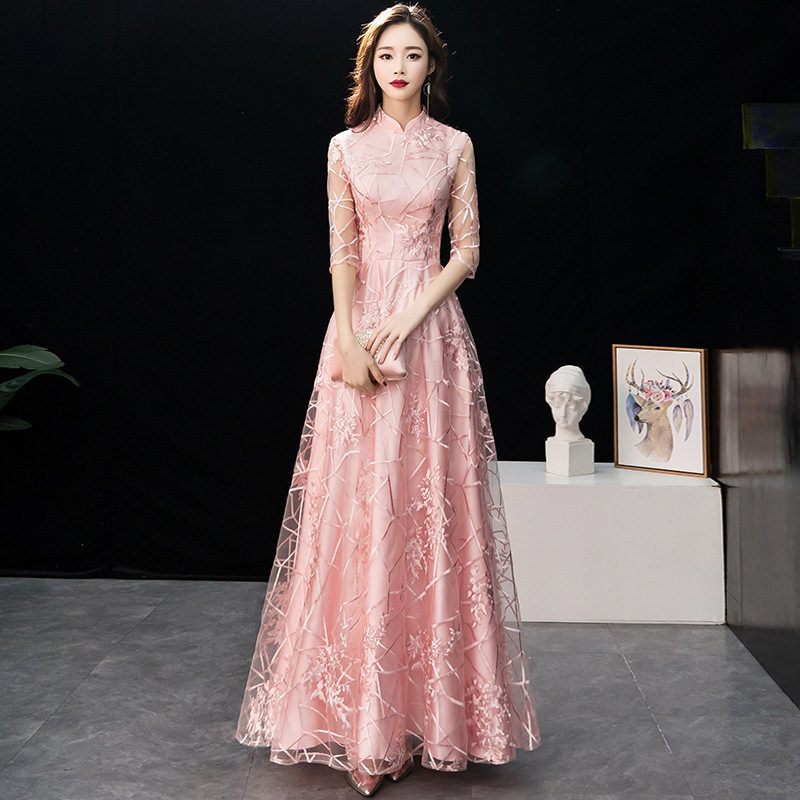 2026 New Style Simple and Elegant Chinese-Style Bridesmaid Dress, Pink Chinese-Style Long Banquet Evening Gown for Prom