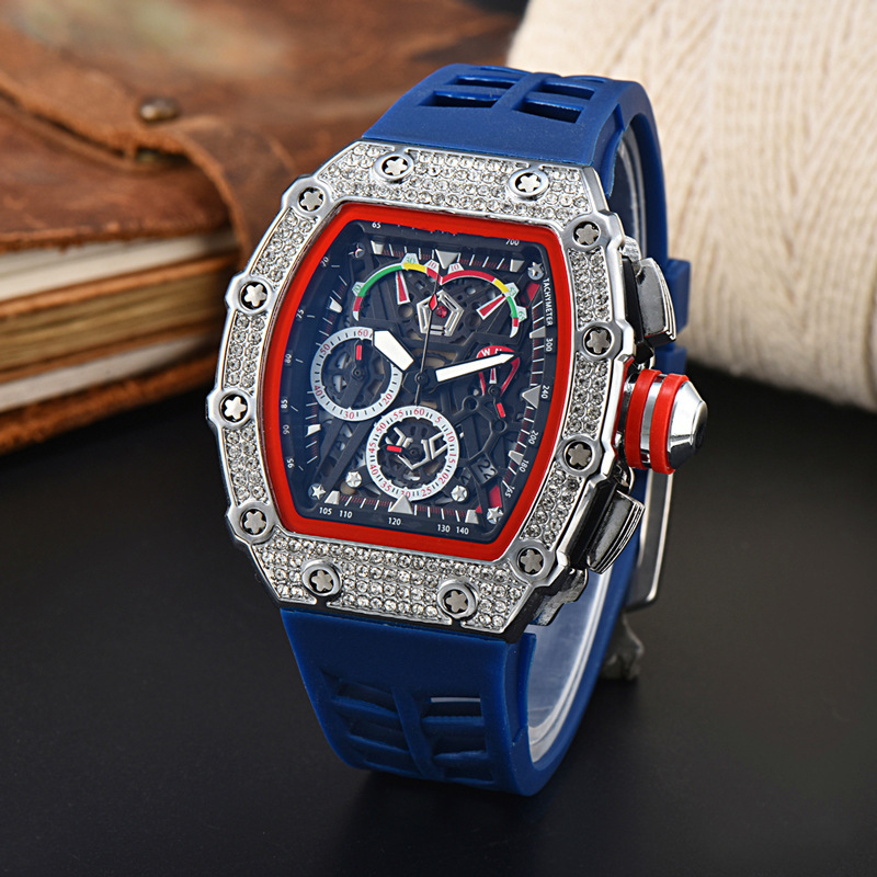 Foreign Trade Hot Barrel Hollow Luxury Diamond Six-Pin Multifunctional Quartz Calendar Sweep Seconds Watch