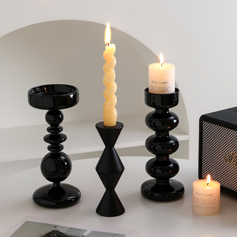Nordic Romantic Exquisite Black Candlestick Ornaments Props Craft Candle Atmosphere Photo Entry Luxury Glass Candlestick Sense