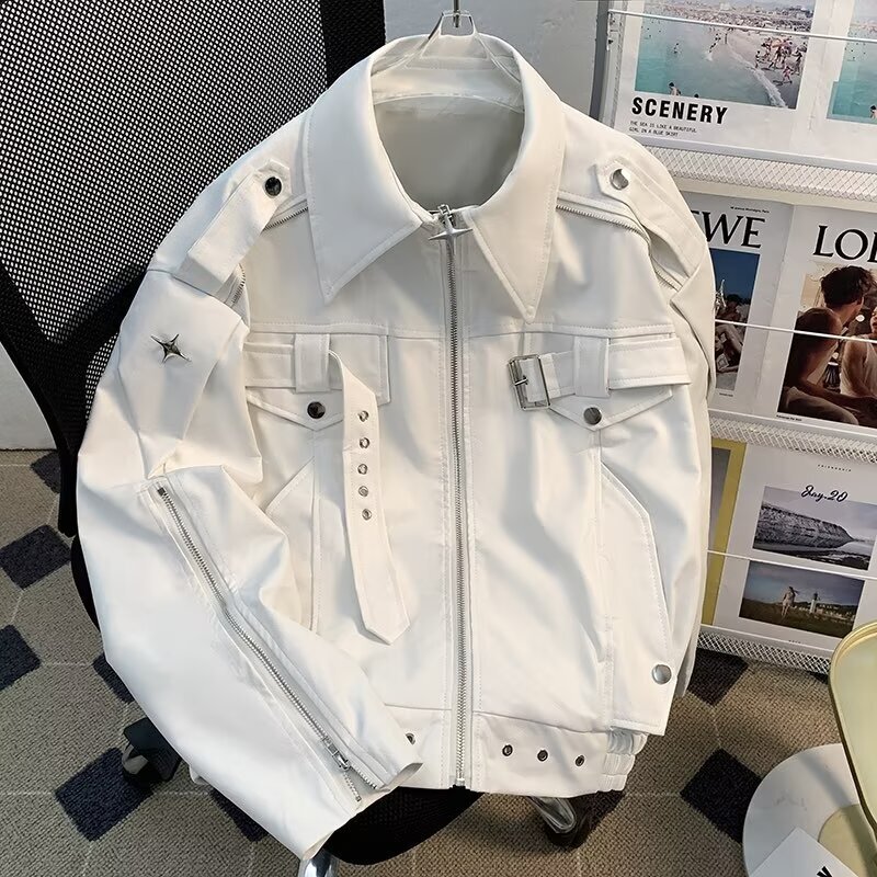 Deconstructed Biker Leather Jacket for Men, Spring and Autumn Vibe, American High Street Style, Cool and Loose Casual Heavy-Duty Jacket, Trendy