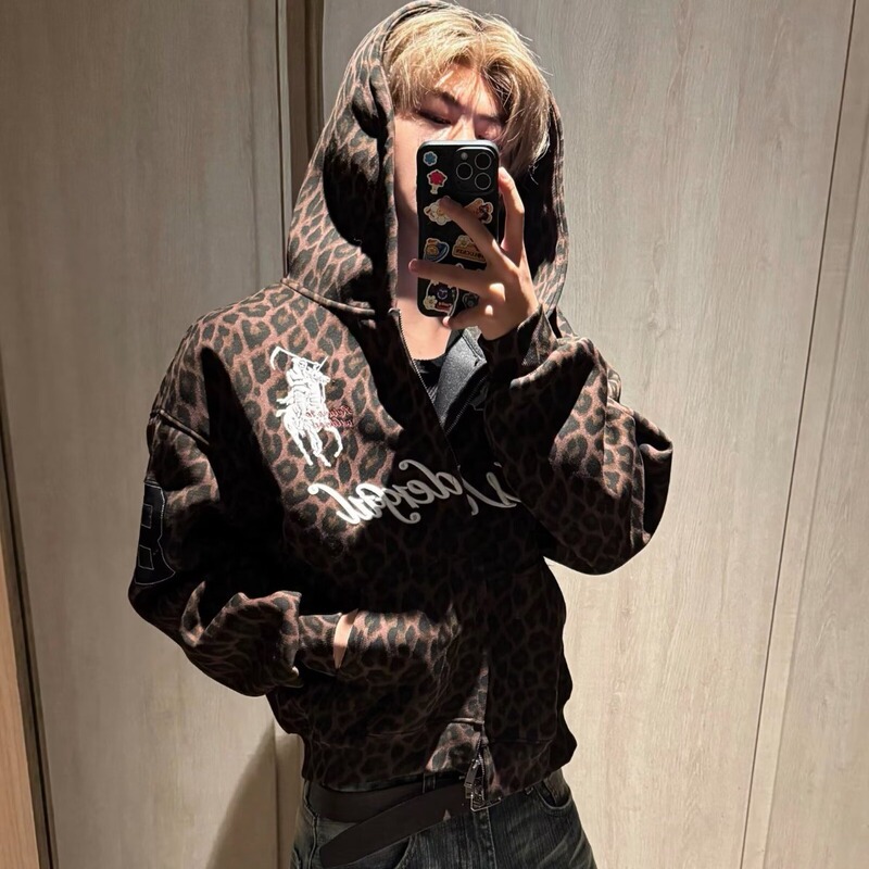 Spring and Autumn American Retro Leopard Print Embroidered Hooded Sweatshirt Loose Cardigan Jacket Leopard Sweatshirt