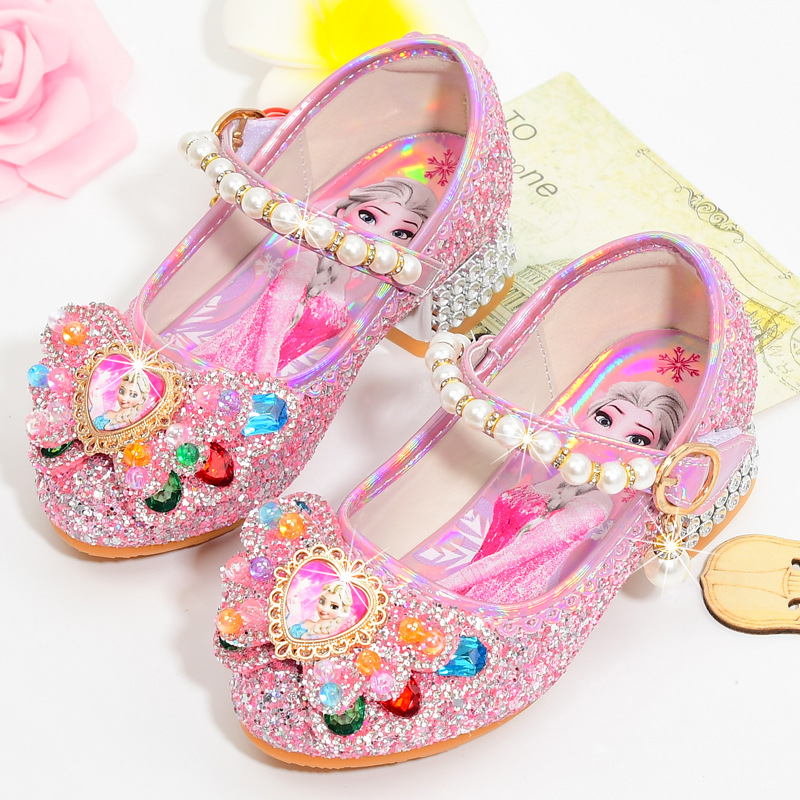 Girls' High-heeled Shoes 2023 Spring and Autumn New Children Frozen Princess Shoes Little Girl Aisha Crystal Leather Shoes