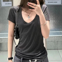 正肩收腰宽松U领显瘦百搭慵懒风夏季女纯色设计感垂感上衣
