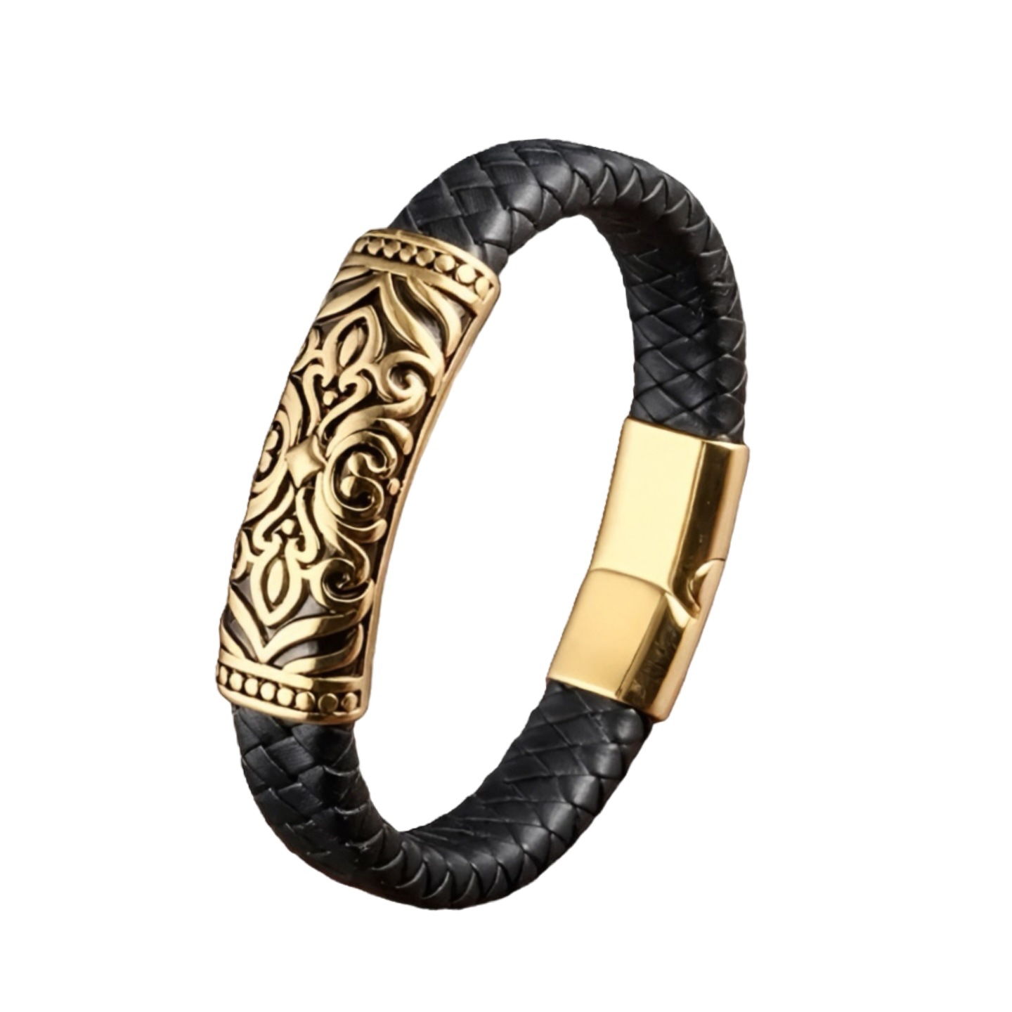 Cross-Border Handmade Bracelet Genuine Leather Pattern Totem Men's Leather Bracelet Retro Stainless Steel Leather Bracelet Jewelry