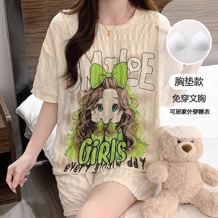 Pijamas transfronterizos al por mayor con almohadillas para el pecho, pantalones cortos de manga corta para mujer