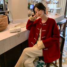 红色外套纯羊毛双面呢大衣短款宽松中国风圆领唐装盘扣大码呢大衣