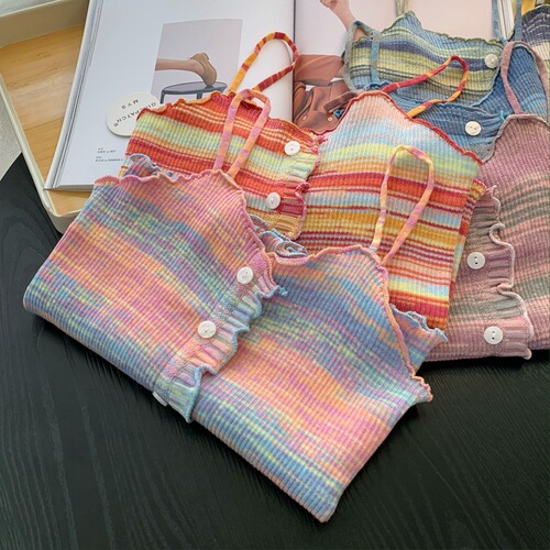 2024 Women's Small Strappy Tank Top Summer Outerwear Sweet and Spicy Knitted Colorful Striped Hot Girl Outfit Sweet and Cool Top