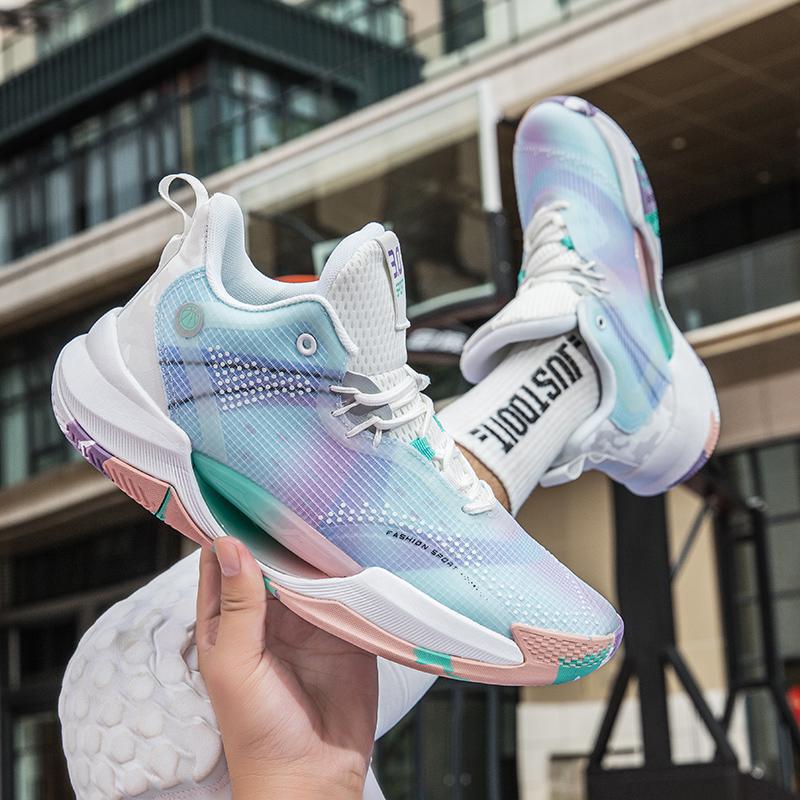 Basketball Shoes Men's Bow Plantar High Bounce Shock Absorption Practical Competition Shoes Student Teenagers Cool Luminous Sports Shoes