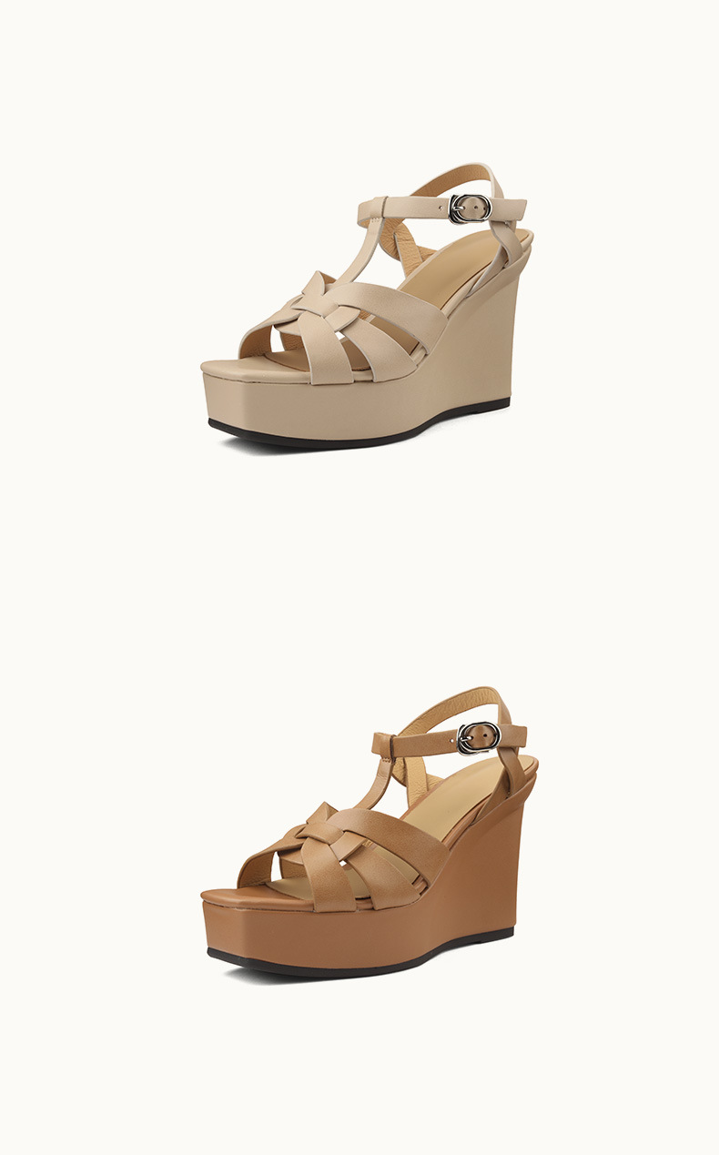 Sandal cao gót nữ hở mũi dây chéo da thật đế xuồng phong cách La Mã — Màu nâu nhạt, Màu mơ chi tiết 9