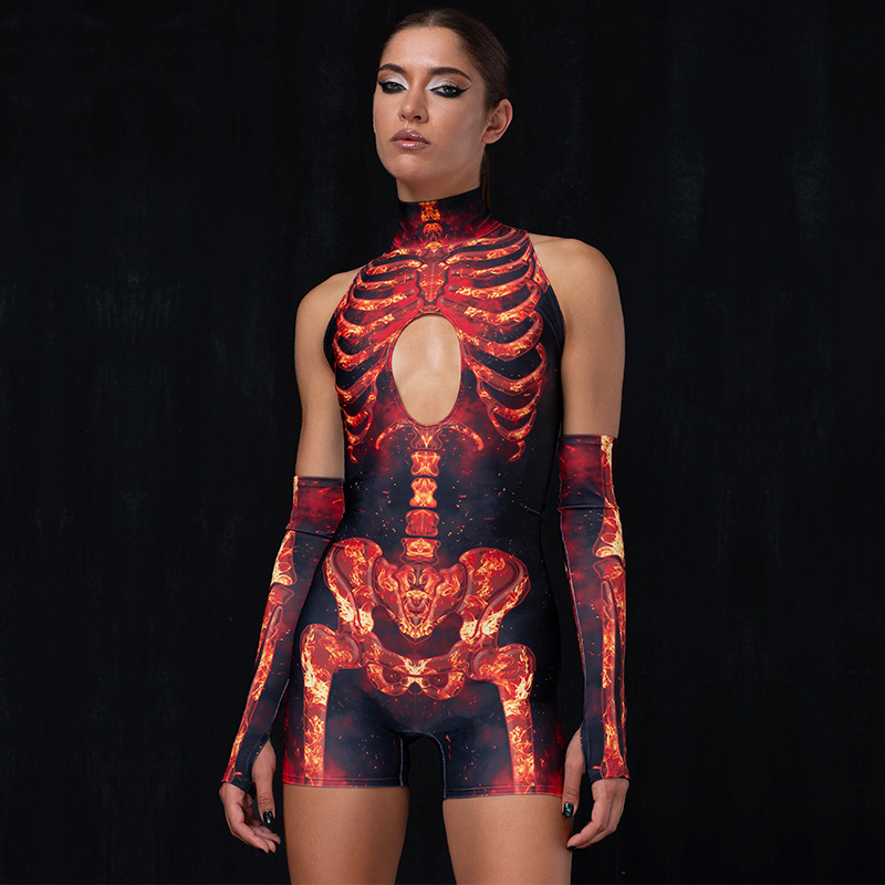 European and American export women's high-neck sleeveless bodysuit with skull print and hollowed-out sleeves, tight-fitting, elastic, quirky and unique style