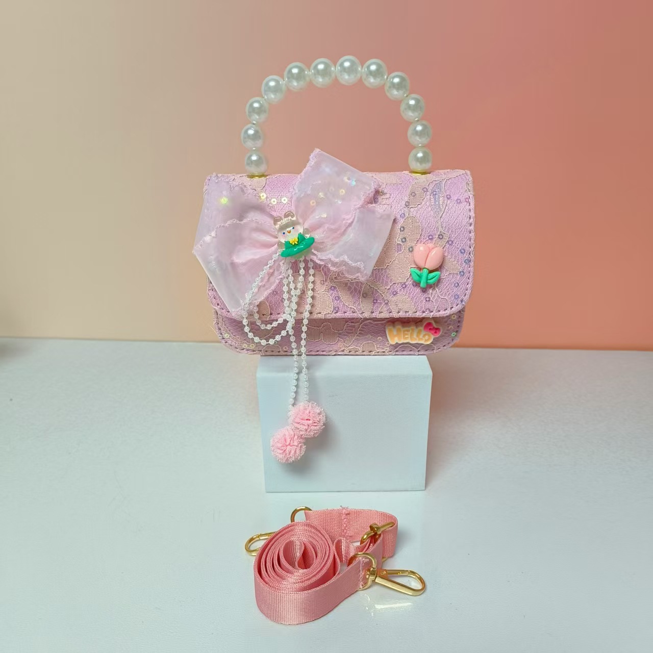 Bolso portátil de perlas de princesa conejo arco de hombro bolso de cadena bolso pequeño bolso de cambio de Año Nuevo