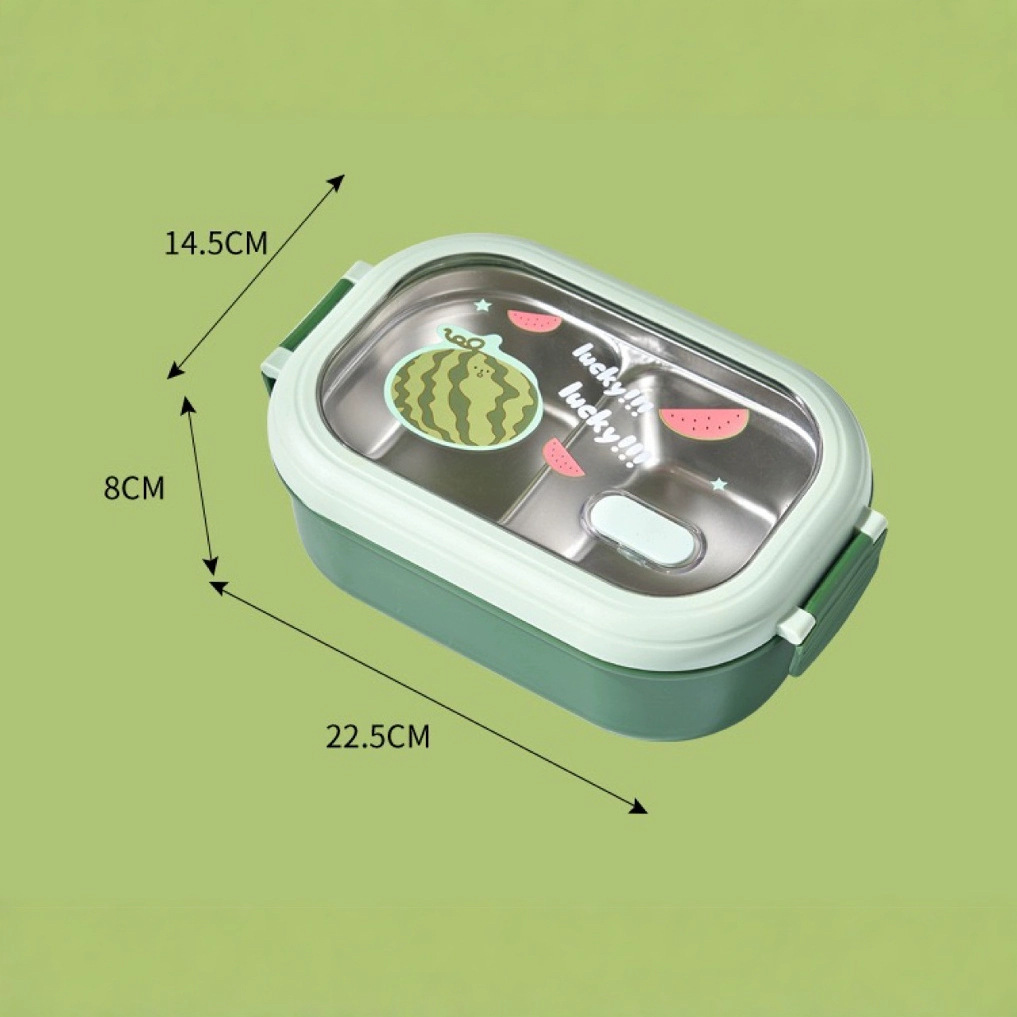 Nuevo producto pequeña lonchera de acero inoxidable fresca, caja de almuerzo para estudiantes con impresión de frutas, caja bento para trabajadores de oficina, se puede calentar con agua