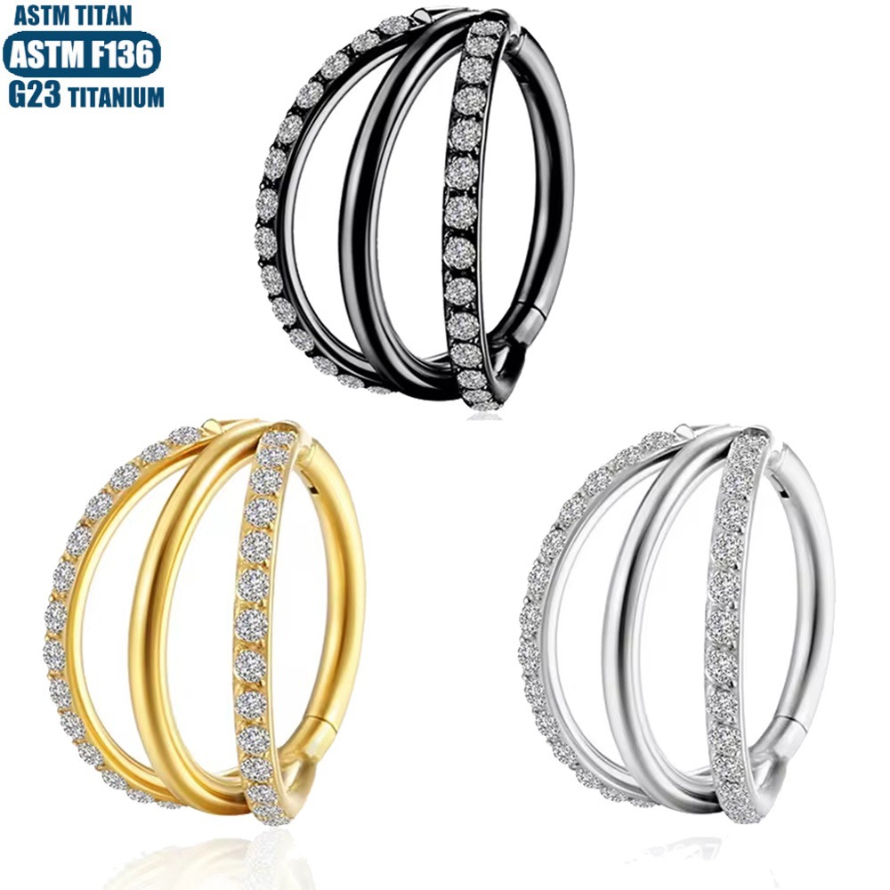 F136 Titanium Hinge Nose Ring Zircon Nasal Septum Ring Three-layer Two-color Seamless Ring Piercing Jewelry Earring detail image 14
