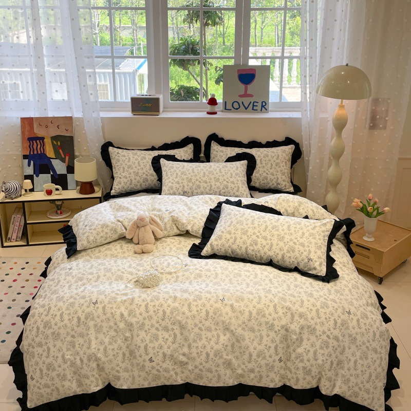 Jogo de cama de quatro peças em algodão 100%, estilo boho vintage nórdico francês, com renda vintage, 40 fios, design leve e elegante. Capa de edredom moderna e sofisticada._voghion.com
