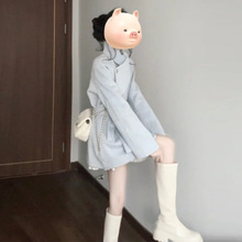小个子韩系高级感毛呢外套女秋冬2025新款温柔系收腰蓝色加厚大衣