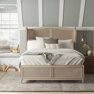 Solid wood rattan bed modern simple small apartment bedroom quiet solid wood retro style French 1.8m double rattan bed