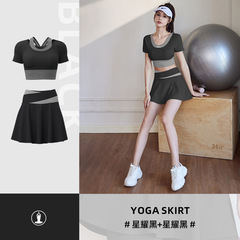 供應拼色假兩件短裙速干防走光運動A字短裙短袖跑步健身套裝