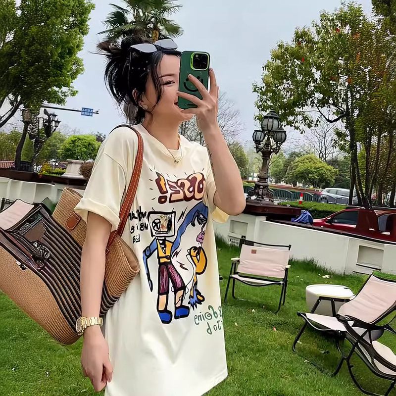 150kg Designer Niche Large Size T-shirt Short-sleeved Women's European Spring & Fall Robot Printed Large Version Mid-length Top