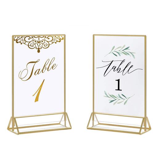 Acrylic standing signs with detachable gold-edged table cards, restaurant-specific price tags, and vertical table cards—wholesale available.