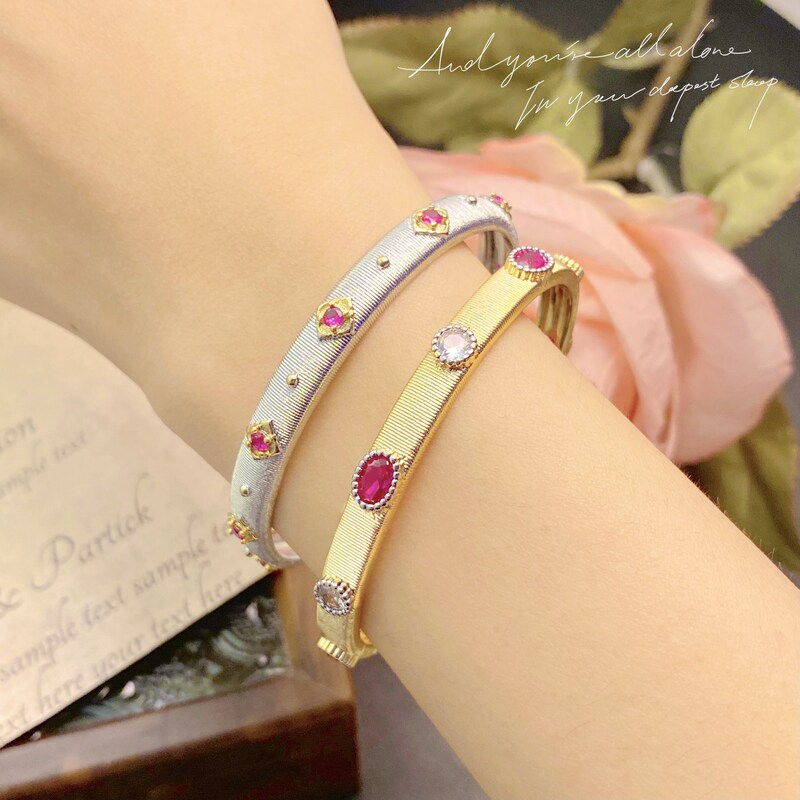 Italian Buchi drawing craft woven carved gold red corundum bracelet diamond two-color gold ring narrow version bracelet for women