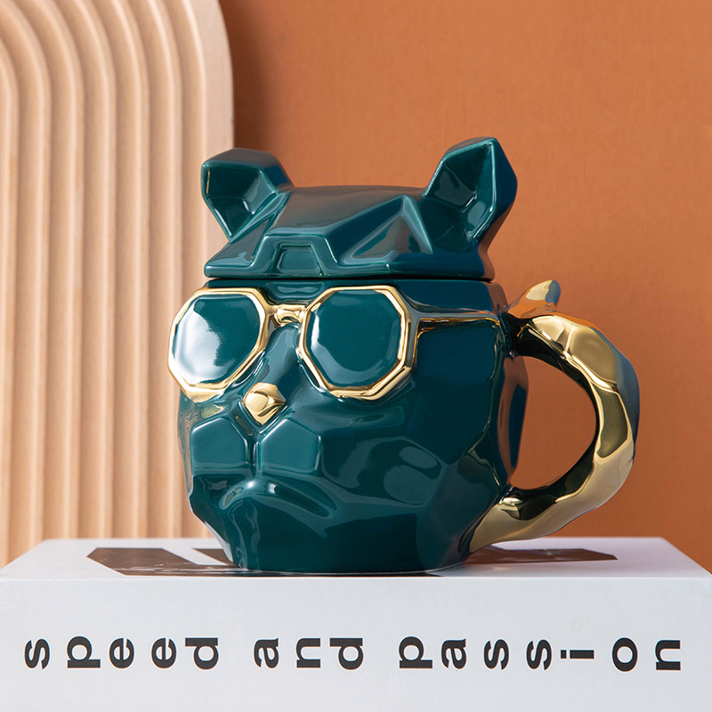 创意陶瓷酷狗杯新奇特造型杯日用陶瓷杯带盖马克杯卡通情侣咖啡杯