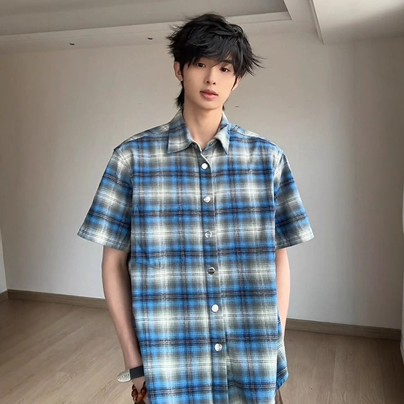 Blue Flannel Plaid Short-sleeved Shirt Men's Summer American Style Retro Plaid Seven-sleeved Shirt Tee Half-sleeved