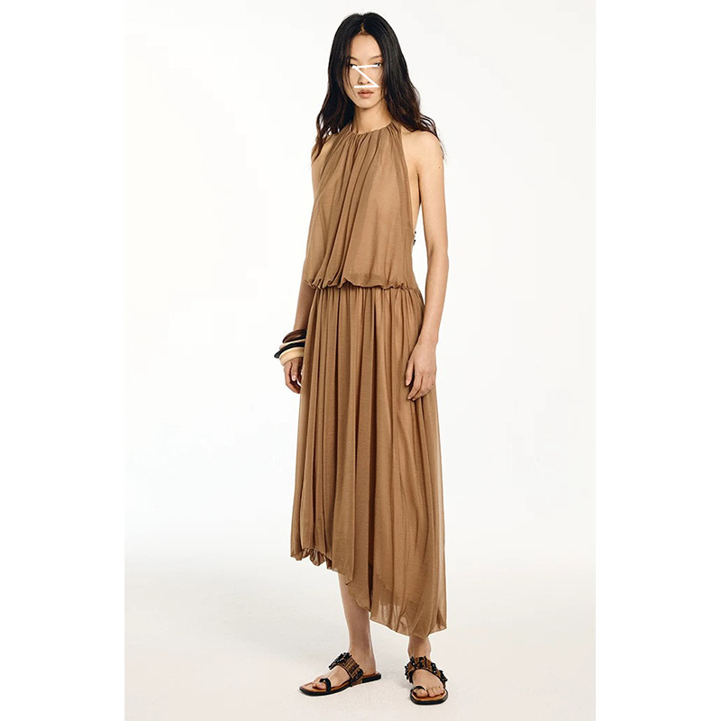 In-Stock French Retro Pleated Halterneck Rhinestone Crochet Backless Irregular Waist-Cinching Puff Skirt Slimming Long Dress