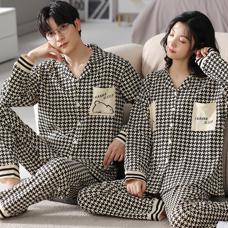 Pijamas de pareja Primavera y otoño de las mujeres nuevos hombres de manga larga de gofres más tamaño simple casual ropa para el hogar traje de generación de pelo