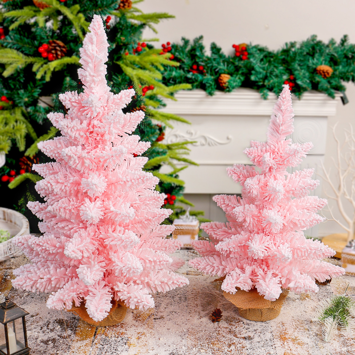 Nuevos productos transfronterizos árbol de Navidad rosa creativo flocado árbol de simulación de nieve decoración de ventanas de navidad